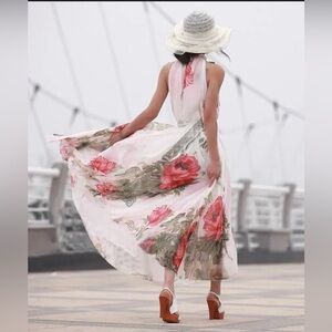 Sleeveless White Floral Chiffon Sun Maxi Dress/swim cover Size M, Jewel neck